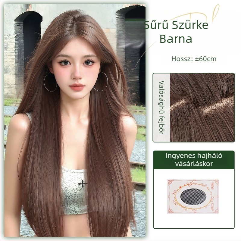 Középen elválasztott, egyenes paróka, élethű fejbőrrel, hőálló rostból, mechanikus gyártási eljárás