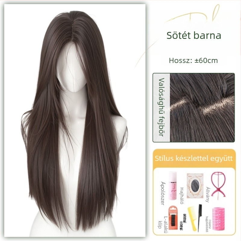 Középen elválasztott, egyenes paróka, élethű fejbőrrel, hőálló rostból, mechanikus gyártási eljárás