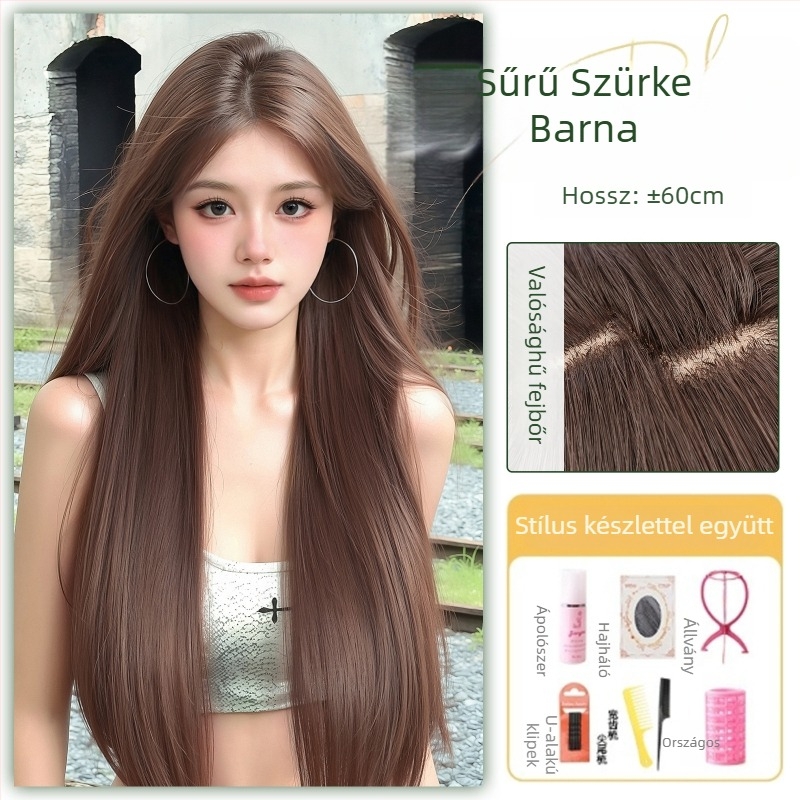 Középen elválasztott, egyenes paróka, élethű fejbőrrel, hőálló rostból, mechanikus gyártási eljárás