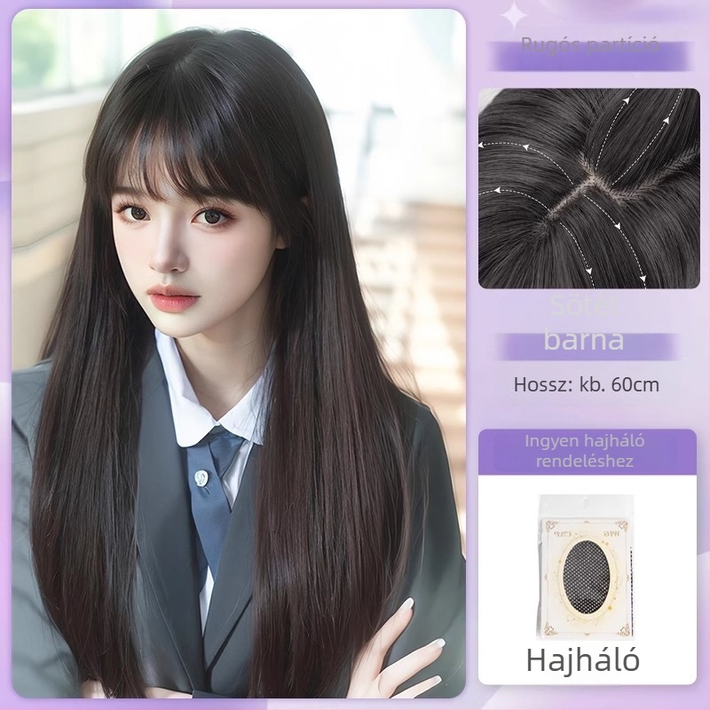 Középen elválasztott, egyenes paróka, élethű fejbőrrel, hőálló rostból, mechanikus gyártási eljárás