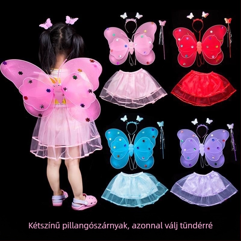 Jelmezkellék paróka készlet: angyal- és pillangó szárnyak, varázspálca és világító hátsó kiegészítő (textil anyag)