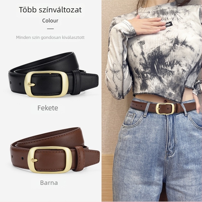 Női bőrből készült öv, valódi bőr, tűs csattal, két rétegű bőrrel, 2.8 cm szélesség, csat cinkötvözet, minimalista, sokoldalú stílus