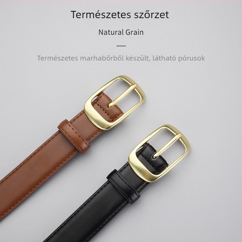 Női bőrből készült öv, valódi bőr, tűs csattal, két rétegű bőrrel, 2.8 cm szélesség, csat cinkötvözet, minimalista, sokoldalú stílus