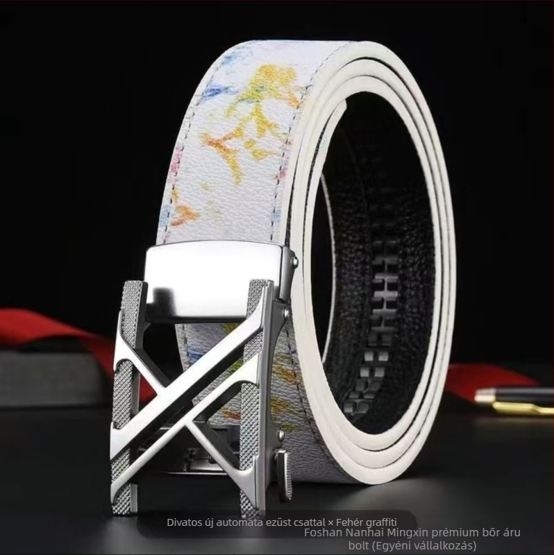 Férfi öv teljes kártya slottal, automata csattal, műbőr, ötvözet csatt, szélesség 2–4 cm