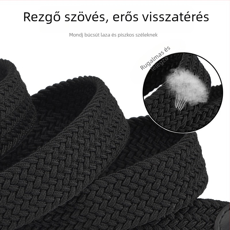 Vászonöv férfiaknak elasztikus pánttal, ötvözetű téglalap alakú csattal, tűs záródással, lazán elegáns stílus, betűs mintázat