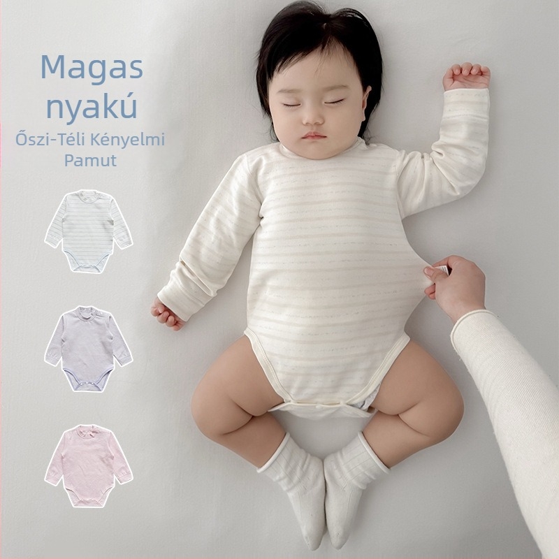 Pamut baba overál (romper) őszi–téli, vastag anyag, félmagas gallér, hosszú ujjú, 0–12 hónapos baba számára