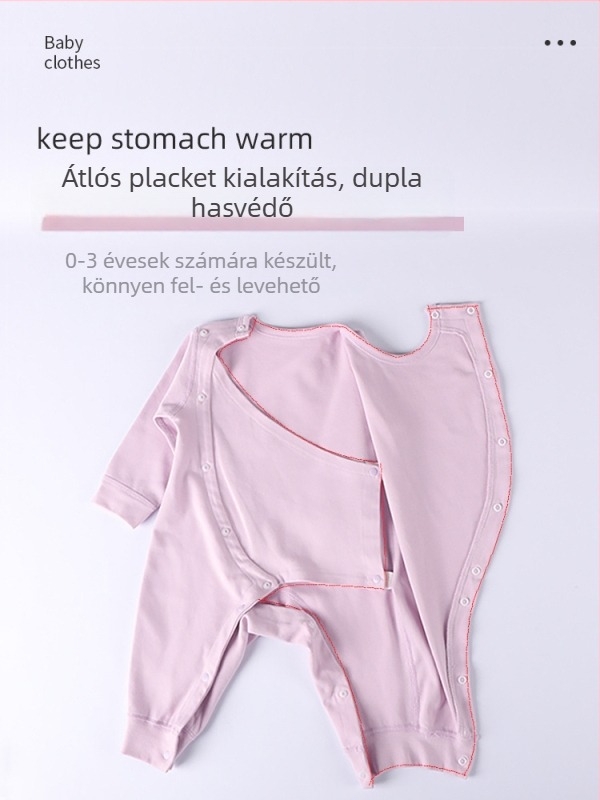 Pamut baba rugdalózó alvóruha tavasz–őszre, hasvédővel, hosszú ujjú, kapucni nélküli, egész éves