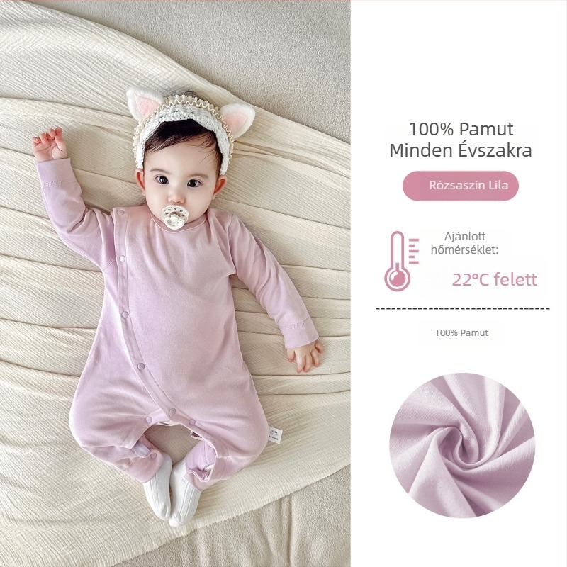 Pamut baba rugdalózó alvóruha tavasz–őszre, hasvédővel, hosszú ujjú, kapucni nélküli, egész éves