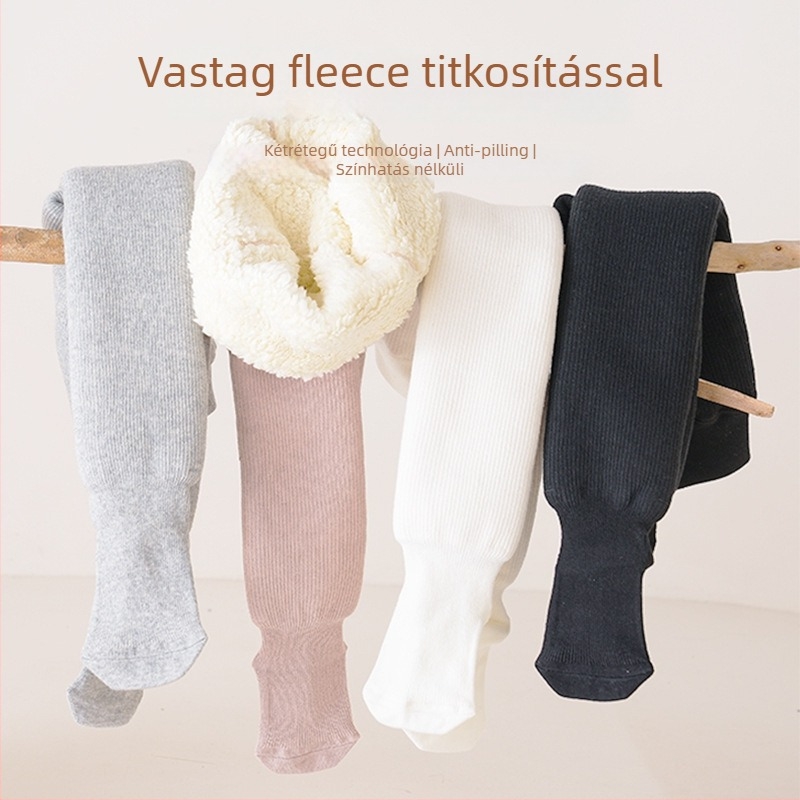 Lányoknak készült fleece-beléses leggings, középmagas derék és elasztikus öv, őszi-téli szezon, 75% poliészter, koreai stílus
