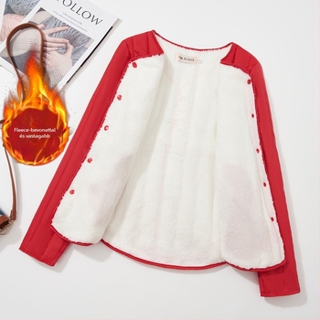 Női rövid pamut kabát fleece bélésével, selyem-szerű töltet, Chenille anyag, karcsú szabás, polo gallér, hosszú ujjú, ősz 2024