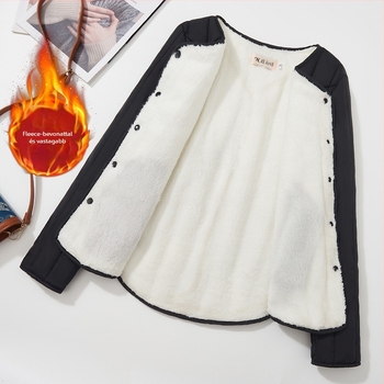 Női rövid pamut kabát fleece bélésével, selyem-szerű töltet, Chenille anyag, karcsú szabás, polo gallér, hosszú ujjú, ősz 2024