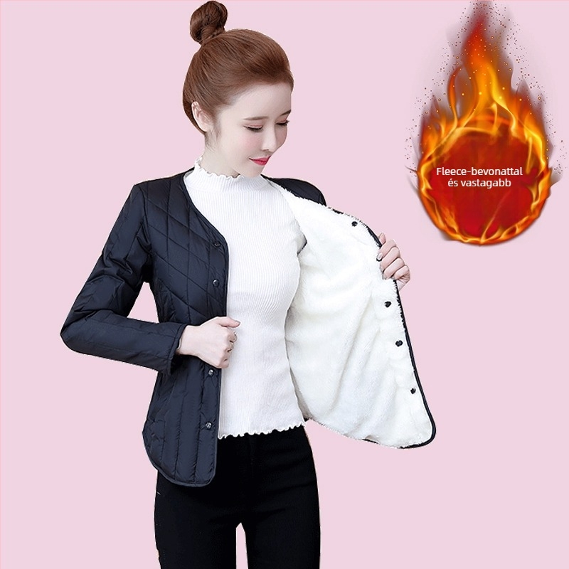 Női rövid pamut kabát fleece bélésével, selyem-szerű töltet, Chenille anyag, karcsú szabás, polo gallér, hosszú ujjú, ősz 2024