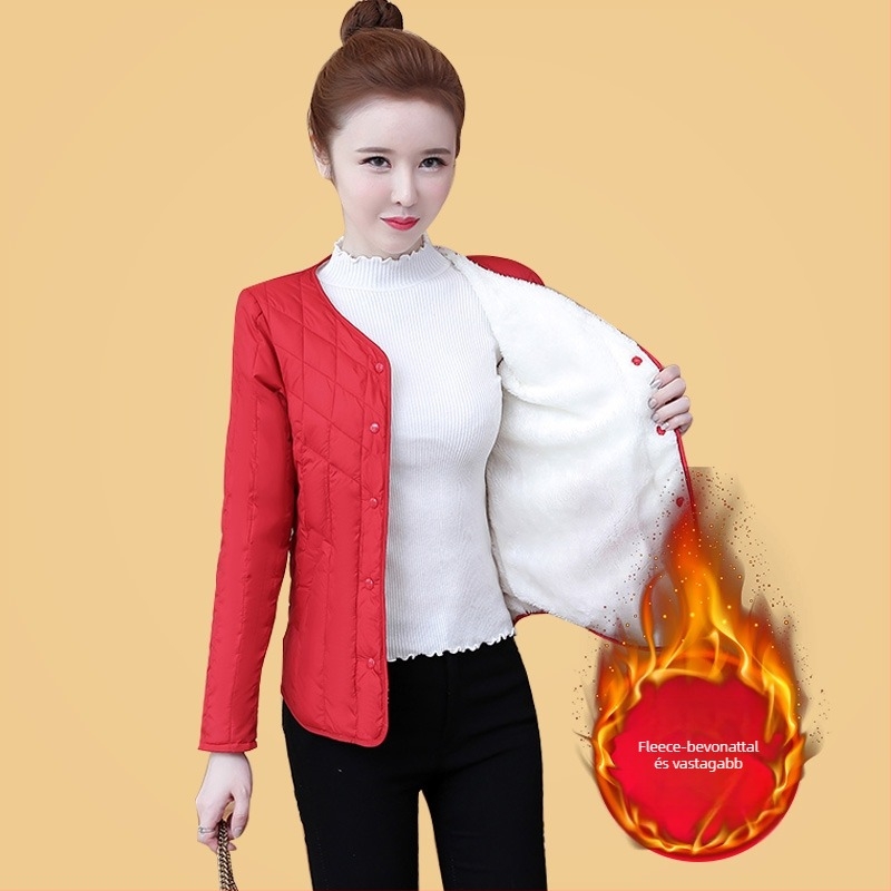 Női rövid pamut kabát fleece bélésével, selyem-szerű töltet, Chenille anyag, karcsú szabás, polo gallér, hosszú ujjú, ősz 2024