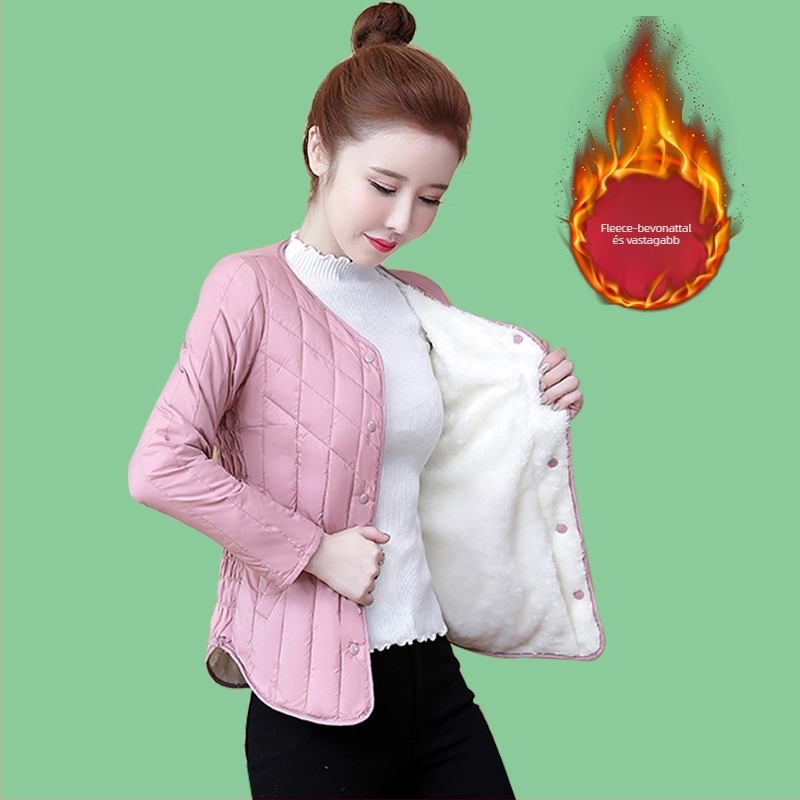 Női rövid pamut kabát fleece bélésével, selyem-szerű töltet, Chenille anyag, karcsú szabás, polo gallér, hosszú ujjú, ősz 2024
