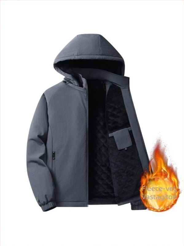 Férfi pamut kabát fleece-betéttel, kapucnival, cipzárral, álló gallér, bő szabású, oldalsó zsebek