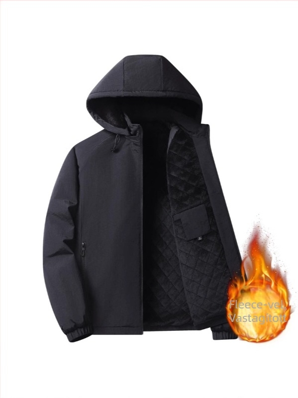 Férfi pamut kabát fleece-betéttel, kapucnival, cipzárral, álló gallér, bő szabású, oldalsó zsebek