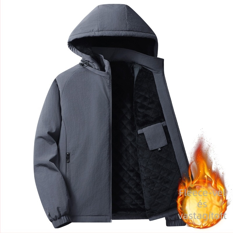 Férfi pamut kabát fleece-betéttel, kapucnival, cipzárral, álló gallér, bő szabású, oldalsó zsebek