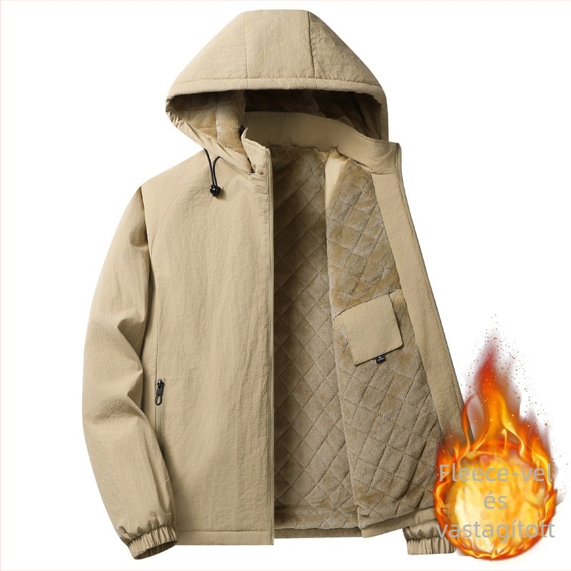 Férfi pamut kabát fleece-betéttel, kapucnival, cipzárral, álló gallér, bő szabású, oldalsó zsebek