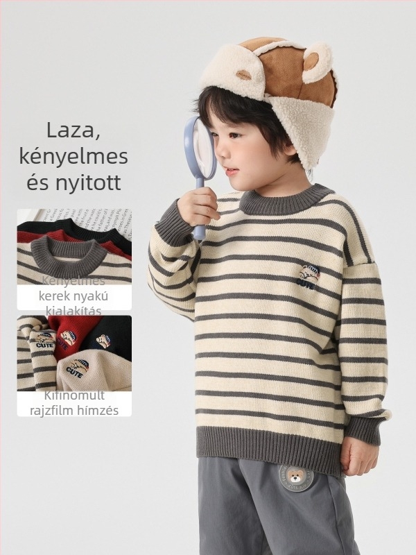 Fiúknak készült kötött pulóver, kerek nyakú, hosszú ujjú, karikatúra mintával, viszkóz–keverék anyagból, téli viselet