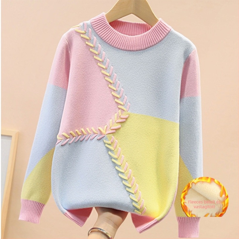 Lányoknak készült karikás mintás pulóver, 95% pamut, fleece bélelt, hosszú ujjú, pullóver-stílus, őszi-téli szezon, 8 év feletti gyerekeknek