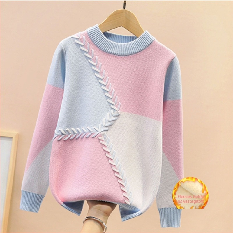 Lányoknak készült karikás mintás pulóver, 95% pamut, fleece bélelt, hosszú ujjú, pullóver-stílus, őszi-téli szezon, 8 év feletti gyerekeknek