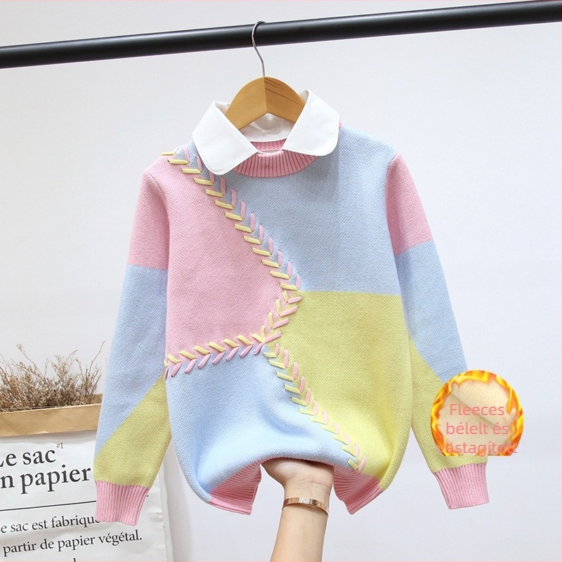 Lányoknak készült karikás mintás pulóver, 95% pamut, fleece bélelt, hosszú ujjú, pullóver-stílus, őszi-téli szezon, 8 év feletti gyerekeknek