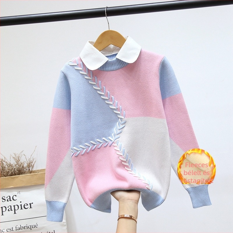 Lányoknak készült karikás mintás pulóver, 95% pamut, fleece bélelt, hosszú ujjú, pullóver-stílus, őszi-téli szezon, 8 év feletti gyerekeknek