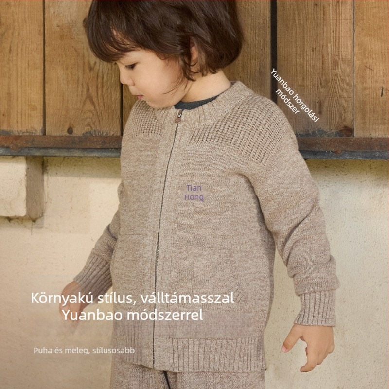 Gyermekeknek kötött kapucnis pulóver cipzárral, nyusziszőrrel, 0–1 éveseknek, ősz