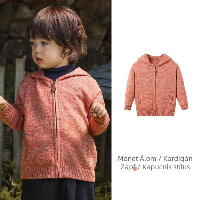 Gyermekeknek kötött kapucnis pulóver cipzárral, nyusziszőrrel, 0–1 éveseknek, ősz