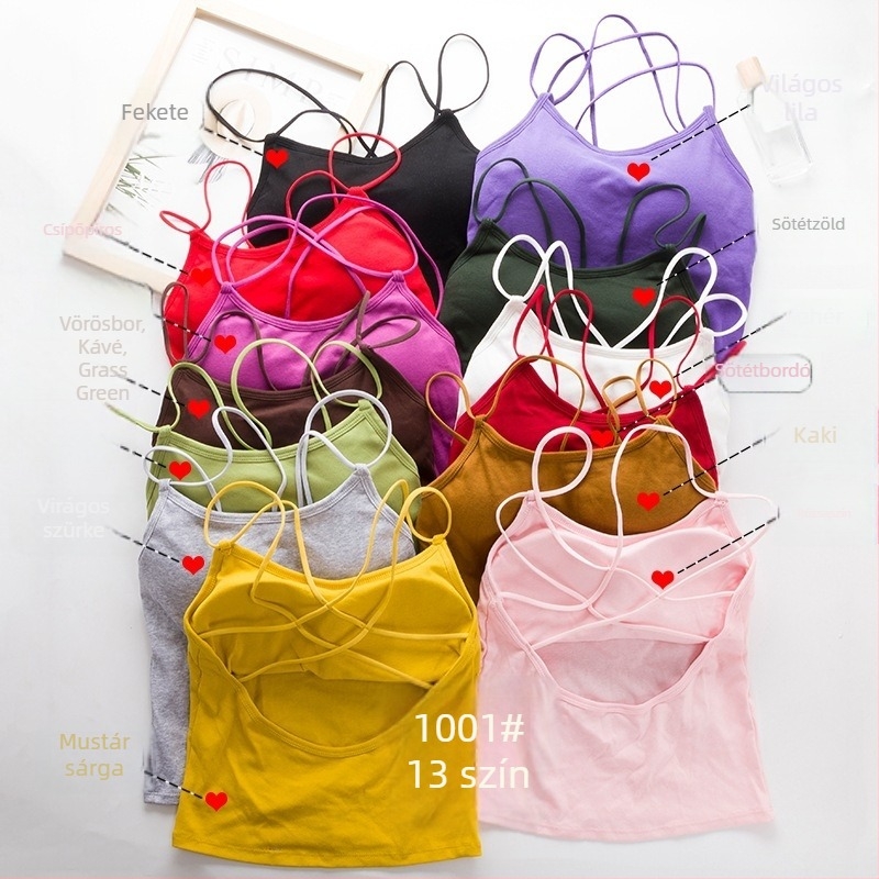 Női pamut top melltartóbetéttel, keresztpántos hátul, alacsony nyakú kivágás, egész éves viselet, 90–95% pamut, súly 181–200 g/m²