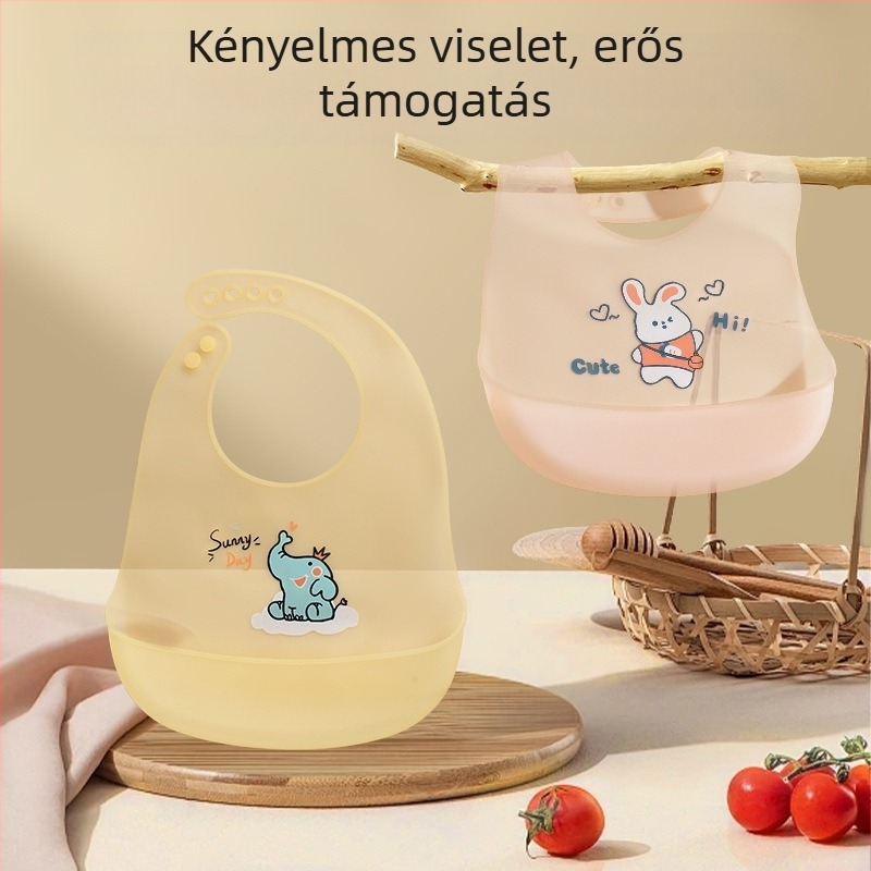 Silikon bababib karikatúra mintával, élelmiszer-minőségű szilikon, vízálló és foltálló, 0-1 és 3-8 éves korosztály számára (Élelmiszer-minőségű szilikon; Vízálló; Foltálló; Karikatúra mintával)