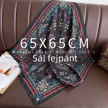 Női etno mintázatú négyzet alakú sál, könnyű poliészter, napvédelmi funkció a nyak számára, 65×65 cm.