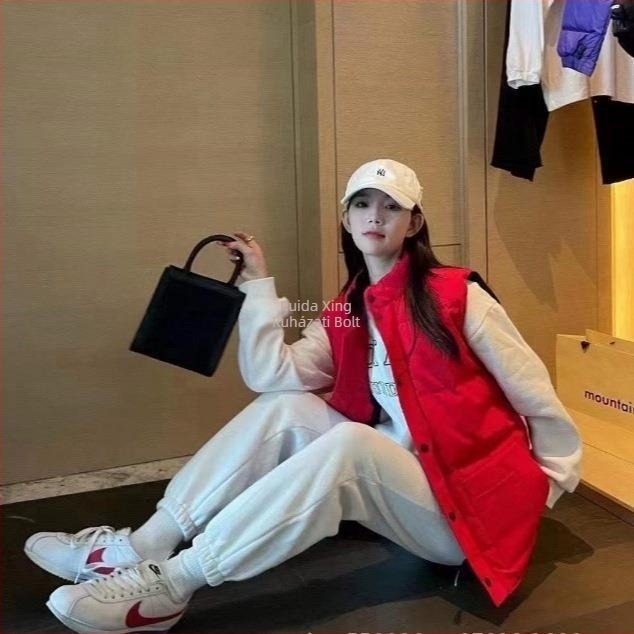 Női vastag pehely mellény organikus pamutból, fehér kacsa tolltöltettel, szabad szabás, cipzár