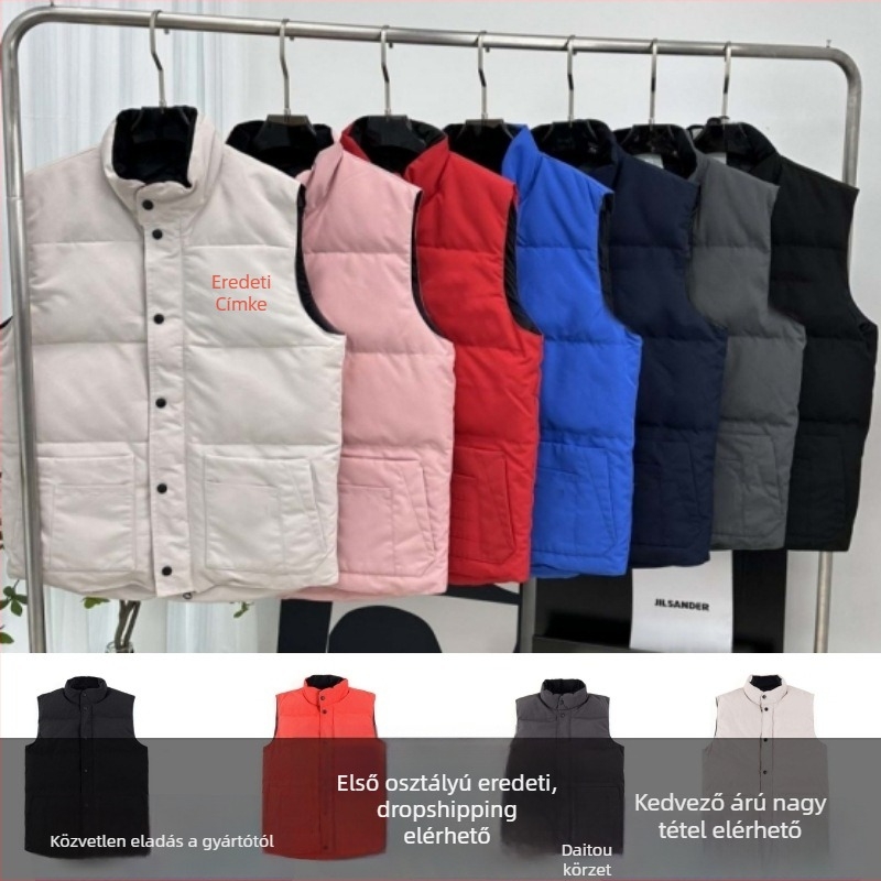 Mellény tollal töltött, álló gallérral, cipzárral; töltet: lúd toll; tartalom: 81–85%; fő anyag: poliészter; hossz: 50–65 cm