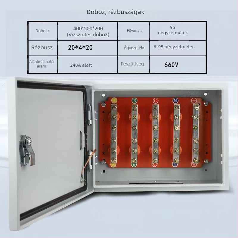 Szigetelt T-alakú elosztódoboz kábelágazatokhoz réz buszbarral, falra szerelhető, IP40, ház hidegen hengerelt acéllemezből, testreszabható