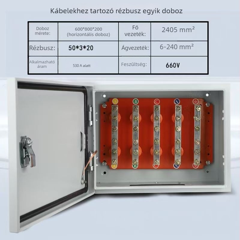 Szigetelt T-alakú elosztódoboz kábelágazatokhoz réz buszbarral, falra szerelhető, IP40, ház hidegen hengerelt acéllemezből, testreszabható