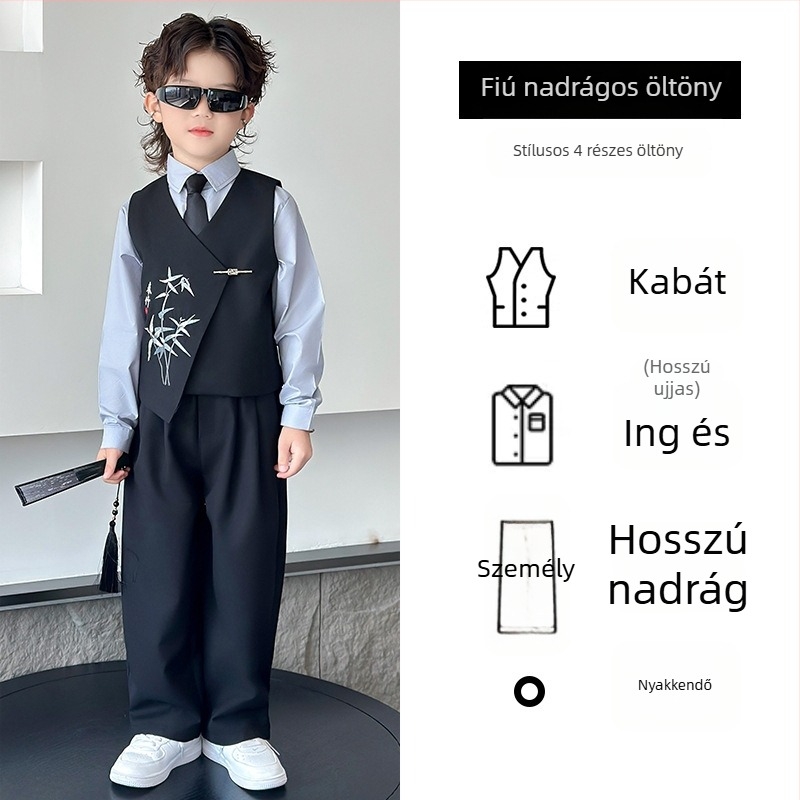 Fiu-nak szóló kínai stílusú öltöny készlet, kétsoros poliészter zakó, zongorai előadásokhoz, tavasz–ősz, 3–8 évesek