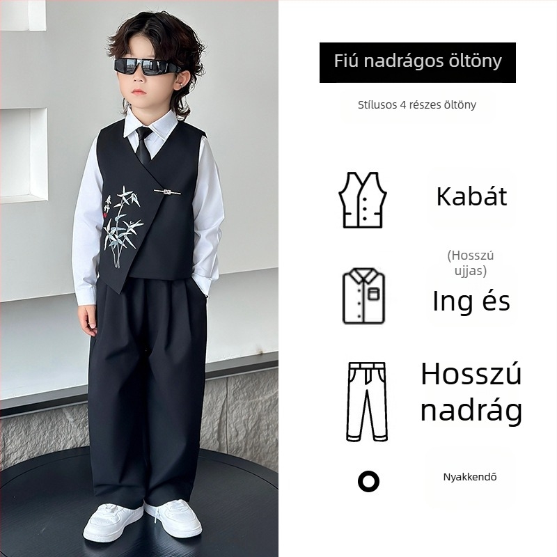 Fiu-nak szóló kínai stílusú öltöny készlet, kétsoros poliészter zakó, zongorai előadásokhoz, tavasz–ősz, 3–8 évesek