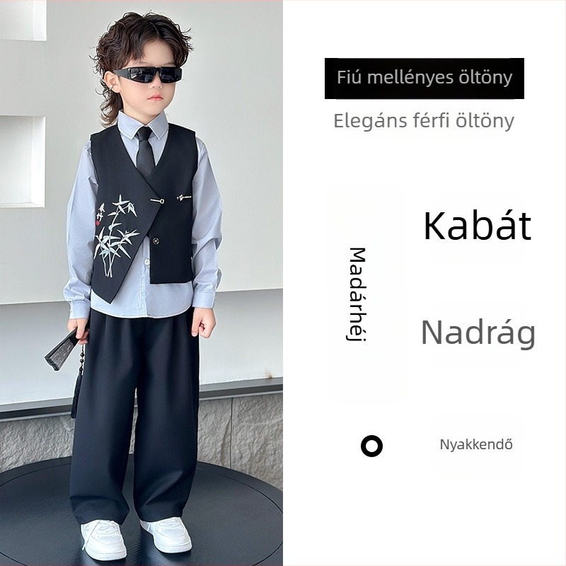 Fiu-nak szóló kínai stílusú öltöny készlet, kétsoros poliészter zakó, zongorai előadásokhoz, tavasz–ősz, 3–8 évesek