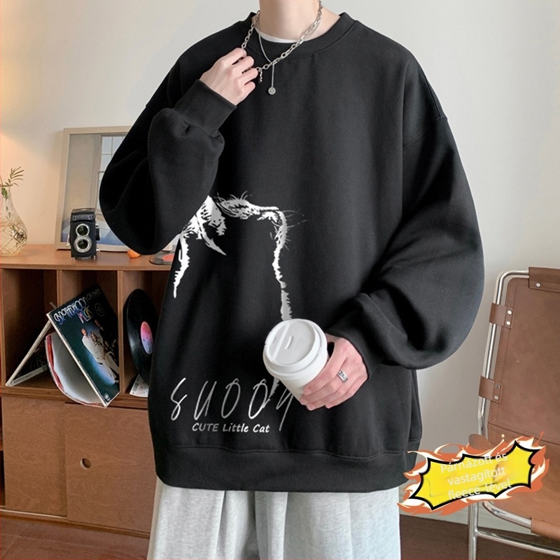 Poliészterből készült fleece-béléssel ellátott pulóver, kerek nyakú, laza szabású, 96% poliészter