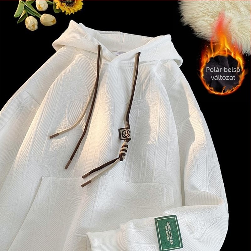 Férfi kapucnis pulóver jacquard mintával, fleece bélés, laza szabás, 100% poliészter