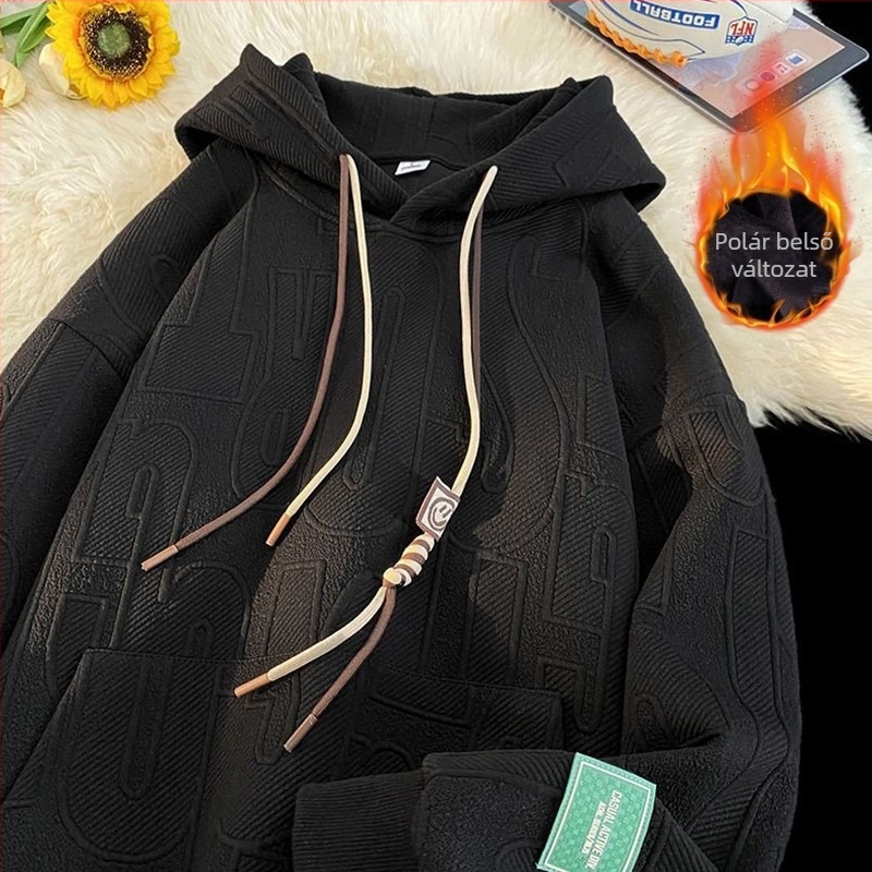 Férfi kapucnis pulóver jacquard mintával, fleece bélés, laza szabás, 100% poliészter