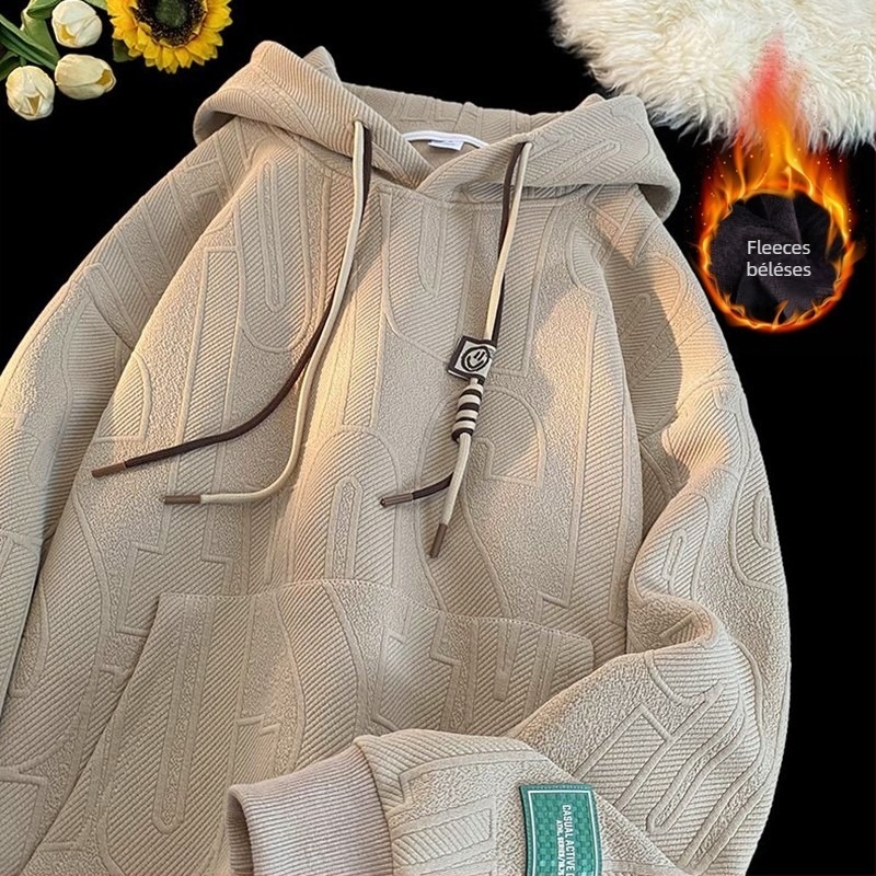 Férfi kapucnis pulóver jacquard mintával, fleece bélés, laza szabás, 100% poliészter