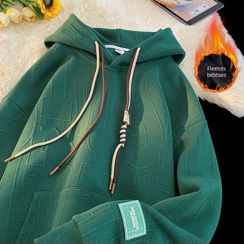 Férfi kapucnis pulóver jacquard mintával, fleece bélés, laza szabás, 100% poliészter