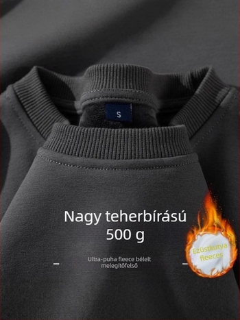 Férfi fleece-béléssel ellátott vast anyagú pulóver, 500 g tömeg, lazán szabott, kerek nyakú, egyszínű, téli viselet