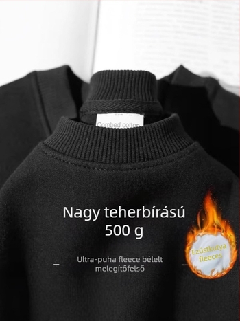 Férfi fleece-béléssel ellátott vast anyagú pulóver, 500 g tömeg, lazán szabott, kerek nyakú, egyszínű, téli viselet