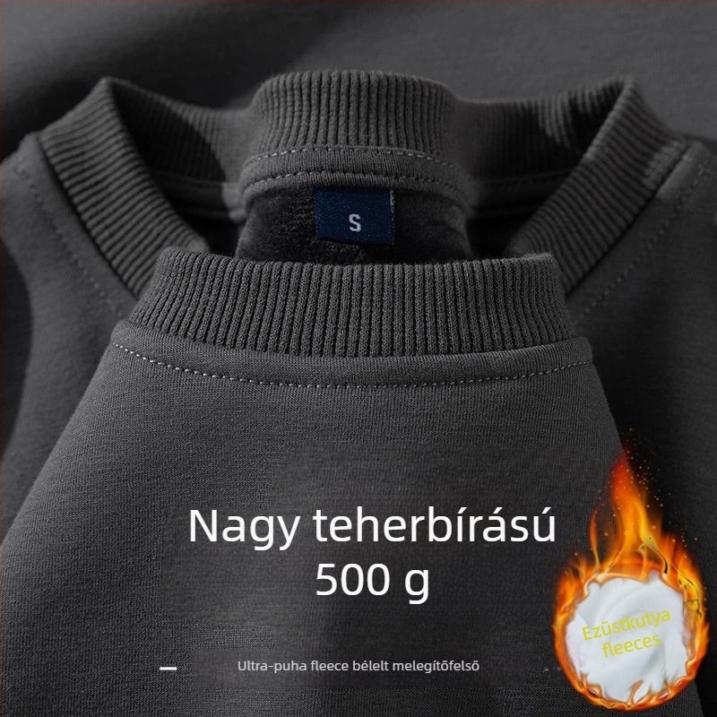 Férfi fleece-béléssel ellátott vast anyagú pulóver, 500 g tömeg, lazán szabott, kerek nyakú, egyszínű, téli viselet