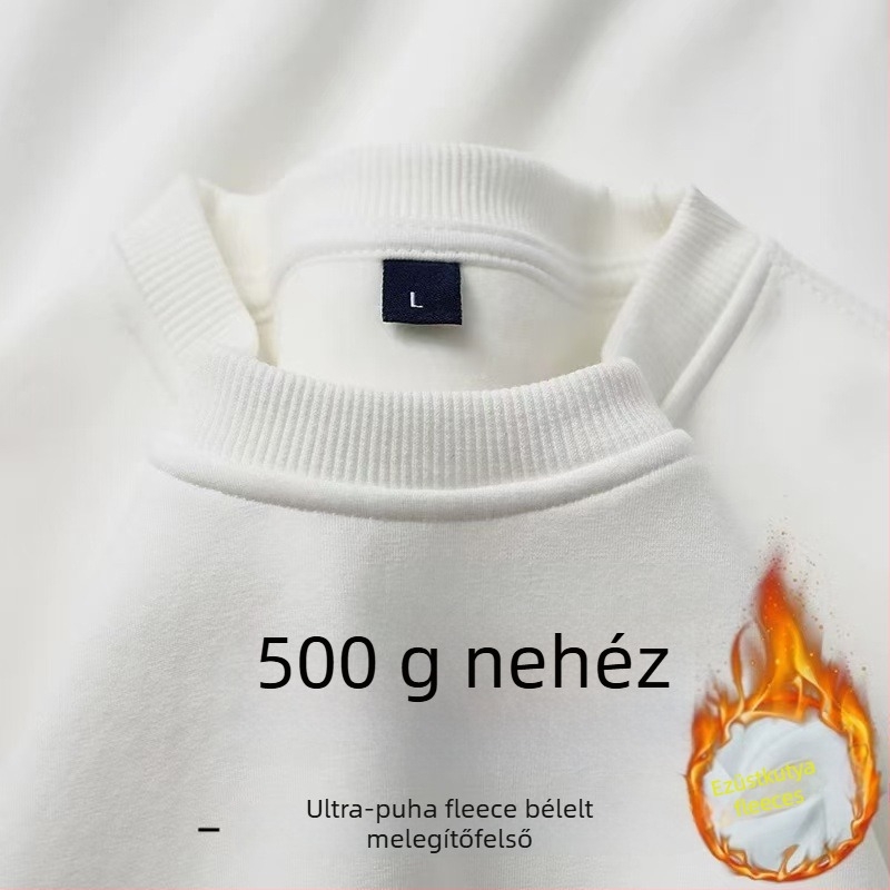 Férfi fleece-béléssel ellátott vast anyagú pulóver, 500 g tömeg, lazán szabott, kerek nyakú, egyszínű, téli viselet