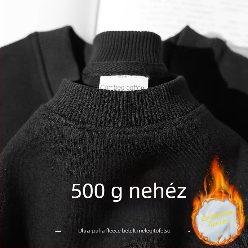 Férfi fleece-béléssel ellátott vast anyagú pulóver, 500 g tömeg, lazán szabott, kerek nyakú, egyszínű, téli viselet