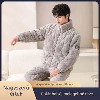 Téli férfi fleece-linnen flanel pizsama készlet, vast anyagú (251-300 g/m²), hosszú ujjú, nadrág, 100% poliészter